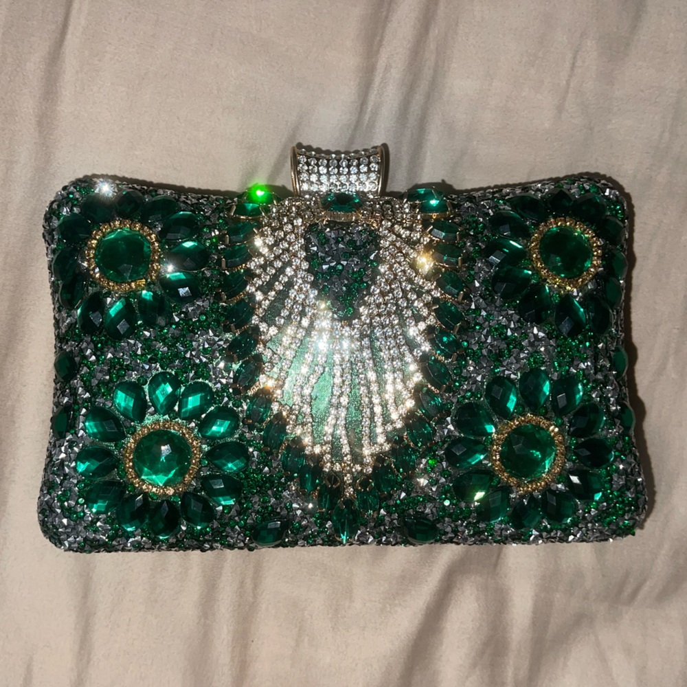 Emerald Green and Gold Chain Handbag with Rhinestone Accent
